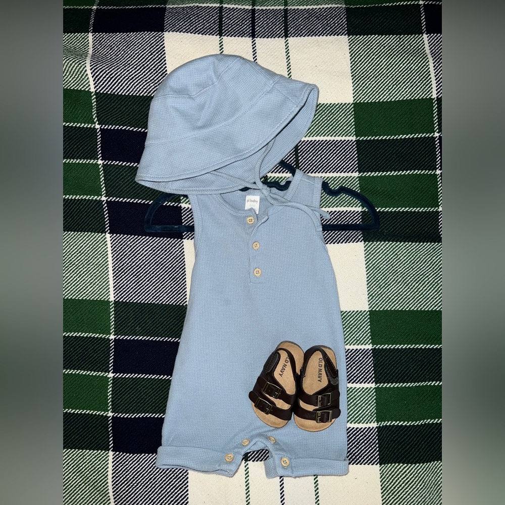 3-6m Blue Baby Romper with Hat and Sandals